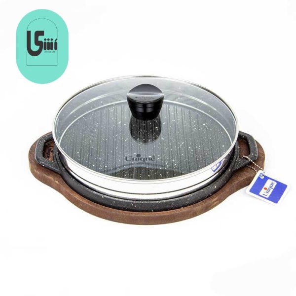 تابه گریل چدنی یونیک درب دار 27 سانتیمتری (سینی چوبی) UN-6005