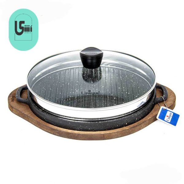 تابه گریل چدنی یونیک درب دار 30 سانتیمتری (سینی چوبی) UN-6001