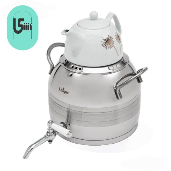 کتری استیل 5 لیتر و قوری چینی یونیک طرح ترک UN-7293 دسته استیل