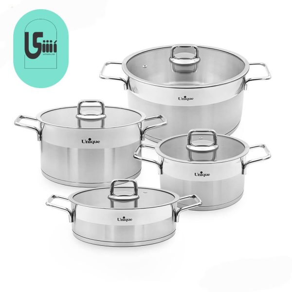 سرویس قابلمه UN-9990 یونیک 8 پارچه تمام استیل مدل فلت