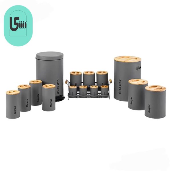 سرویس آشپزخانه UN-8052 یونیک 16 پارچه فیلی(طوسی) با درب بامبو