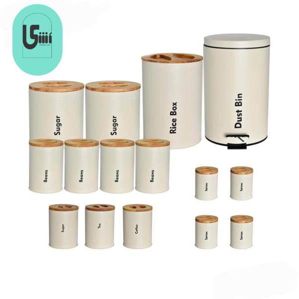 سرویس آشپزخانه UN-8056 یونیک 16 پارچه نباتی(کرم) با درب بامبو