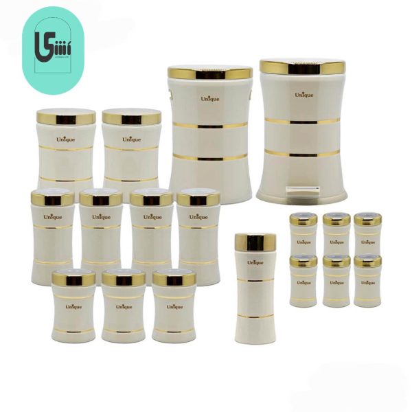 سرویس آشپزخانه یونیک UN-4599 کمر باریک خطی کرم طلایی 18 پارچه