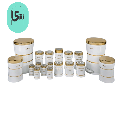 سرویس آشپزخانه 18 پارچه یونیک کمرباریک خطی سفید طلایی UN-4597