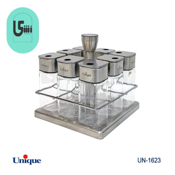 ست ادویه ۸ تایی یونیک مدل UN-1623 پیرکس و استیل مربع گردان
